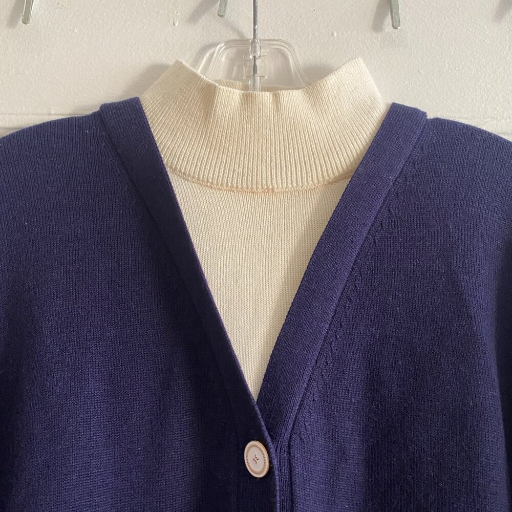 Noir Noir Navy Wool Cardigan with Built-in Cream Mock Neck. Reverse Button Back. - Picture 2 of 14
